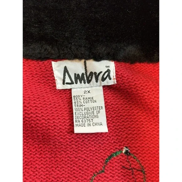 AMBRA HO HO HO SNOWMAN CARDIGAN 2XL CHRISTMAS SWEATER PARTY RED VINTAGE FUR - Picture 10 of 16
